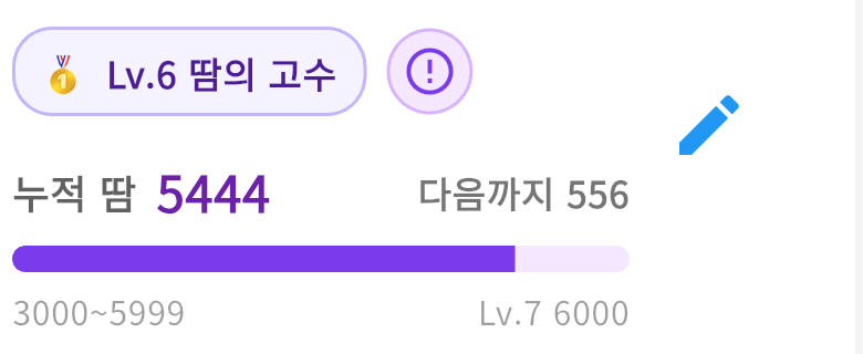 앱 프로필의 레벨 배지 — Lv.6 땀의 고수, 누적 땀 5,444점 게이지